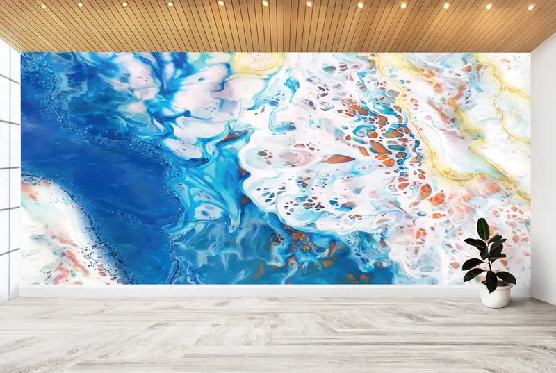 エレガントなブルーの抽象プリント壁紙: あなたの空間を変えましょう