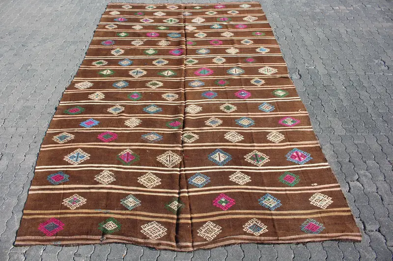 Vintage Kilim Rug 7.7x12.4 ft (235x378 cm), Brown Bordered Turkish Rug - 1