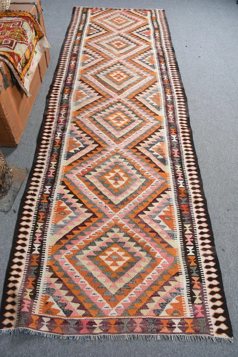 Pembe ve Turuncu Halı, 3,3x10 ft Çiçek ve Geometrik