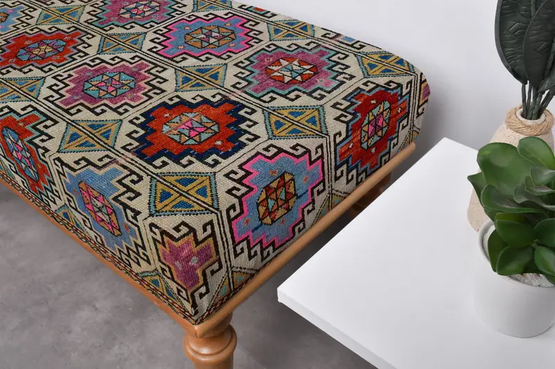 Scandinavian Ottoman with Kilim-Inspired Wool Blend Cover, Ottoman