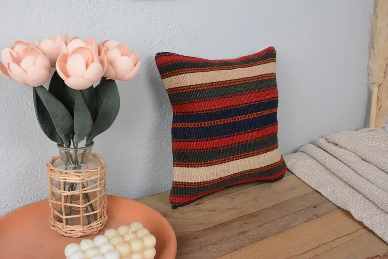 Almohada de tiro a rayas rojas y bronce, cojín bordado 12x12