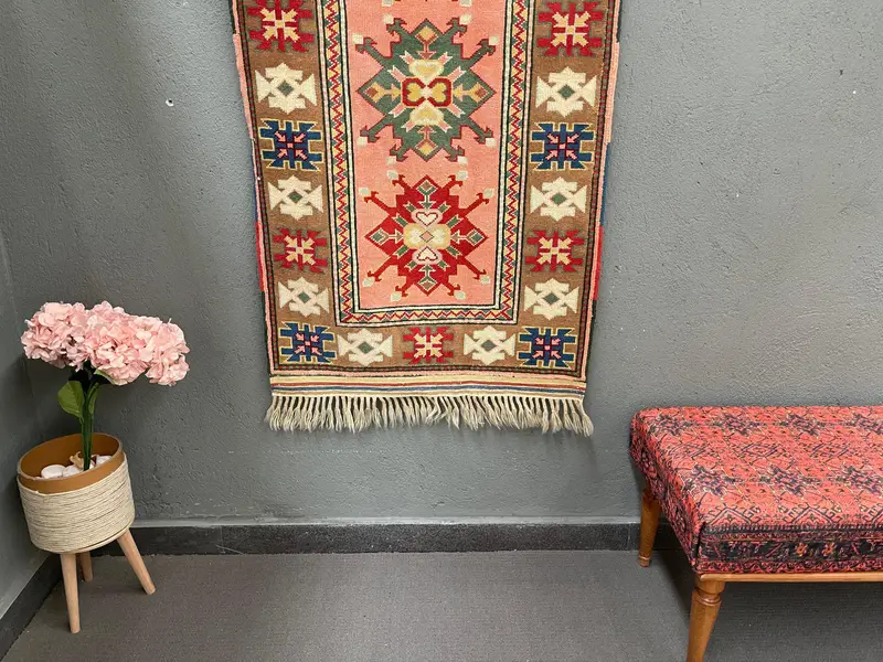 Alfombra vintage turca, alfombra pequeña de 2,6x4,6 pies, alfombra de lana marroquí azul rojo - 1