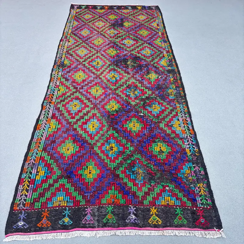 Purple Abstract Rug, 4,3x10,9 ft with Green Accents