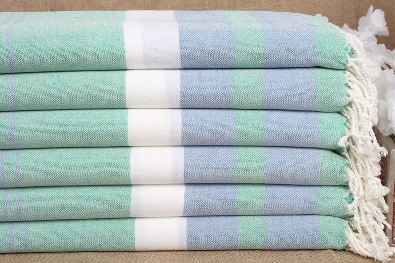 Toalla de Playa Algodón Turco Rayas Verde-Sax Azul, 40x71 Pulgadas