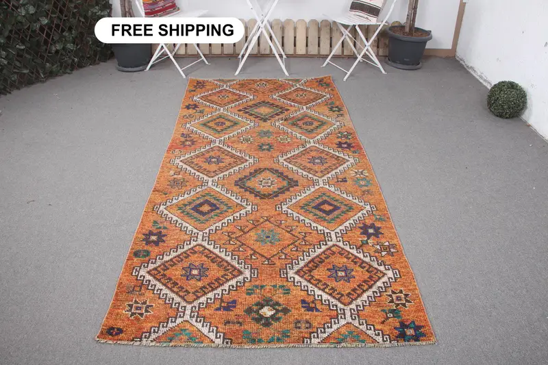 鮮やかなオレンジ サウスウェスタン ラグ 4x8 フィート ベージュ アクセント