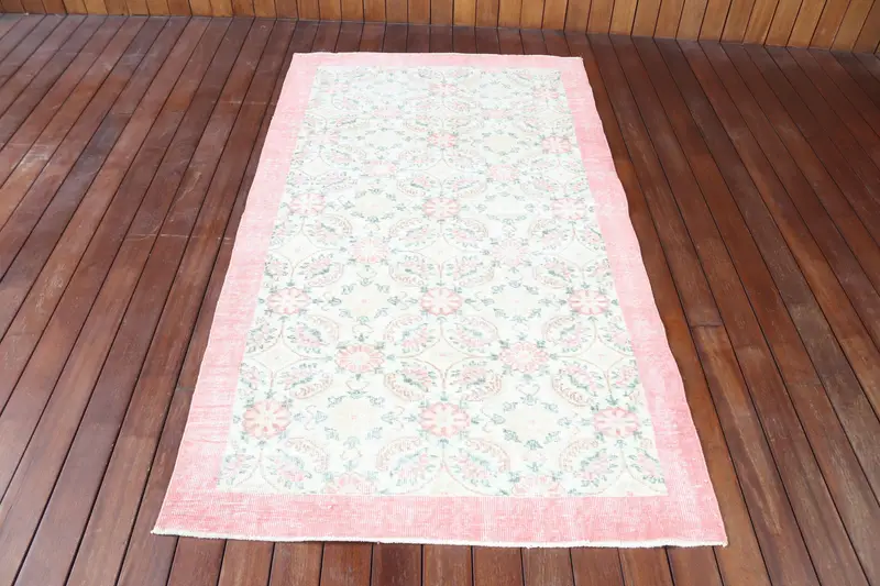 3.5x6.6 ft Vintage Rug, Turkish Accent Rug, Pink White Abstract Rug - 1