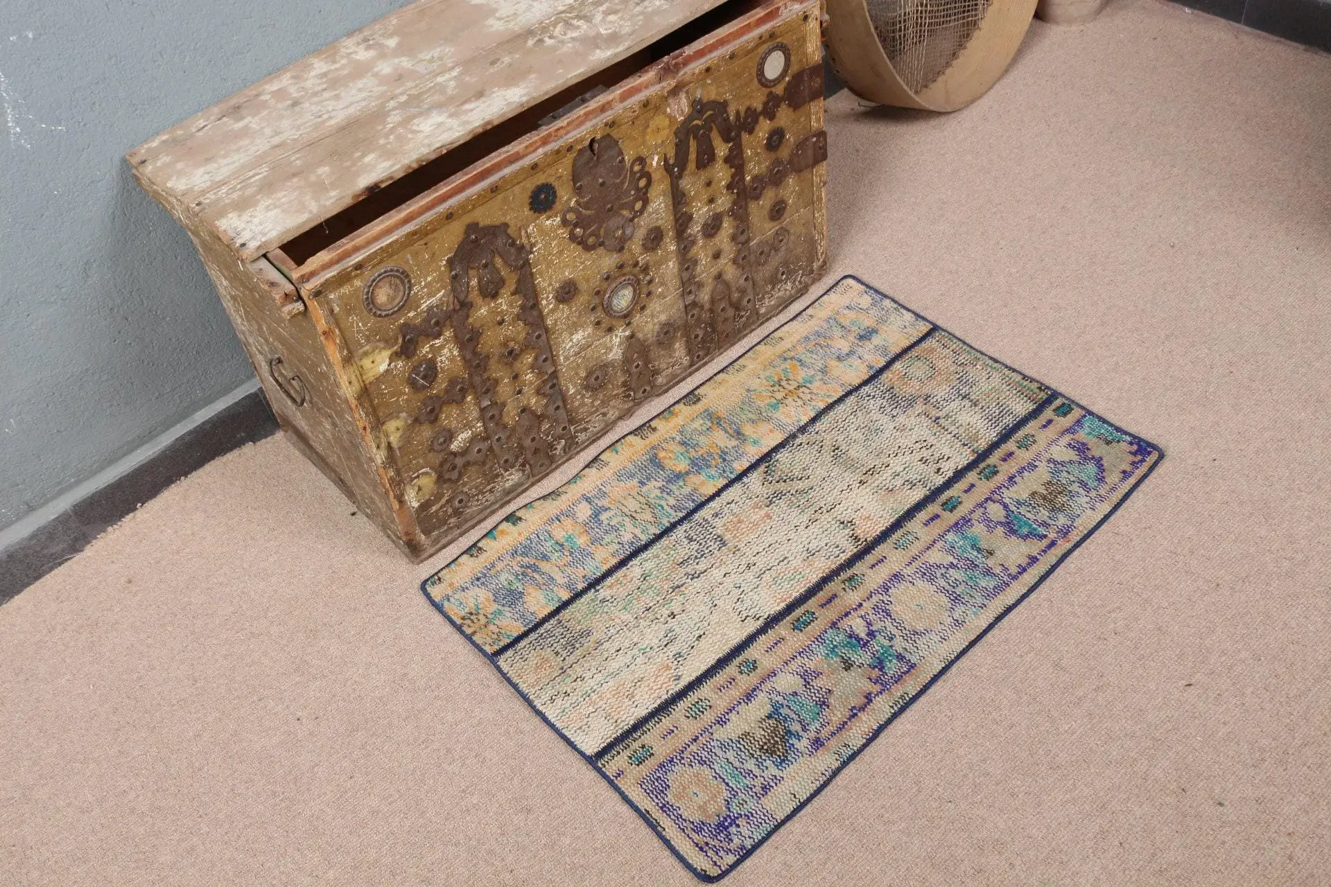 Turkish Small Rug 1.9x2.7 ft, Vintage Blue Camouflage Wool Rug - 1