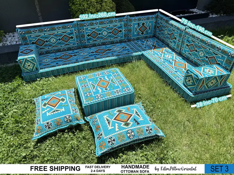 手作りキリムプーフ、ウールカバー付き多目的オットマン