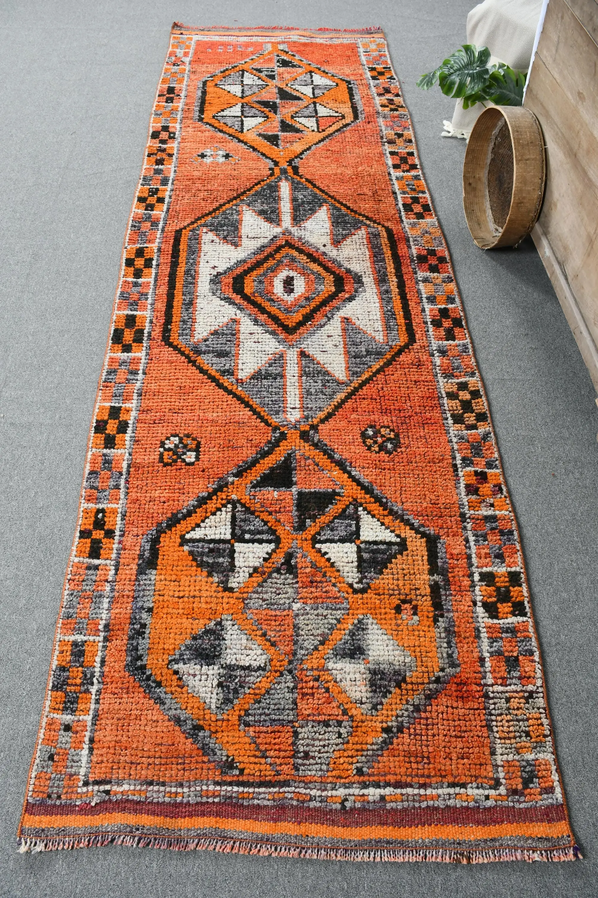 Turkish Vintage Runner Rug 3.1x10.1 ft, Orange Black Abstract Rug - 1