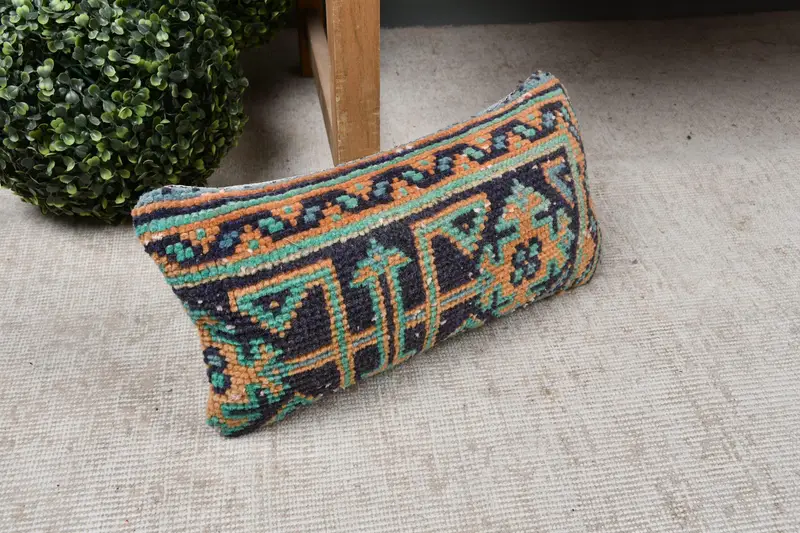 Boho Pillow Sham Cover, Interior Designer Pillow, Pillow Cover, Designer Throw Cushion Cover, Vintage Kilim Pillow, 8x16 Blue Cushion Case - 7