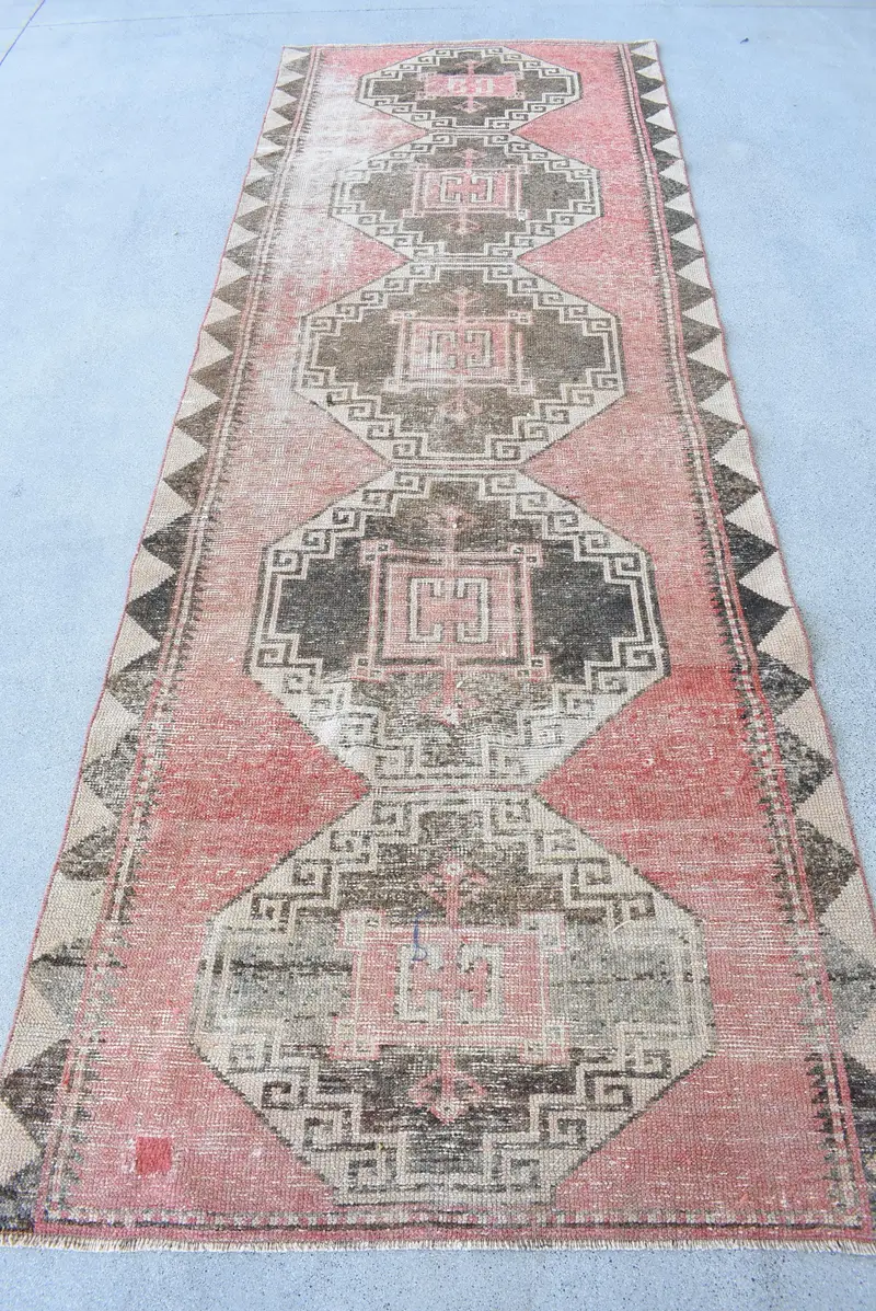 3.7x10.5 ft Halı, Runner Türk Halısı, Kırmızı Oushak Oryantal Halı - 1