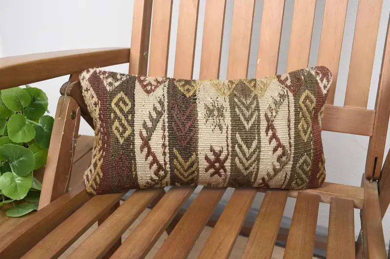 Funda de almohada vintage marrón a rayas, funda de cojín de lana antigua de 8x16 pulgadas - 1