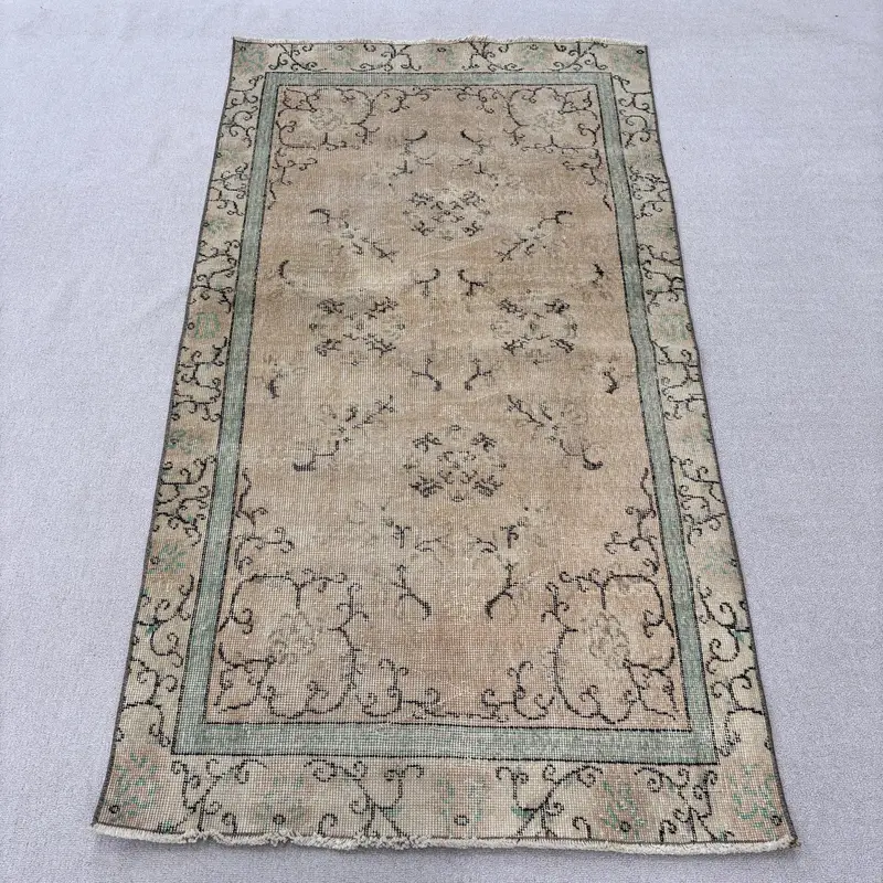 Vintage Accent Rug 3.5x6.3 ft, Turkish Oushak Brown Solid Wool Rug - 1