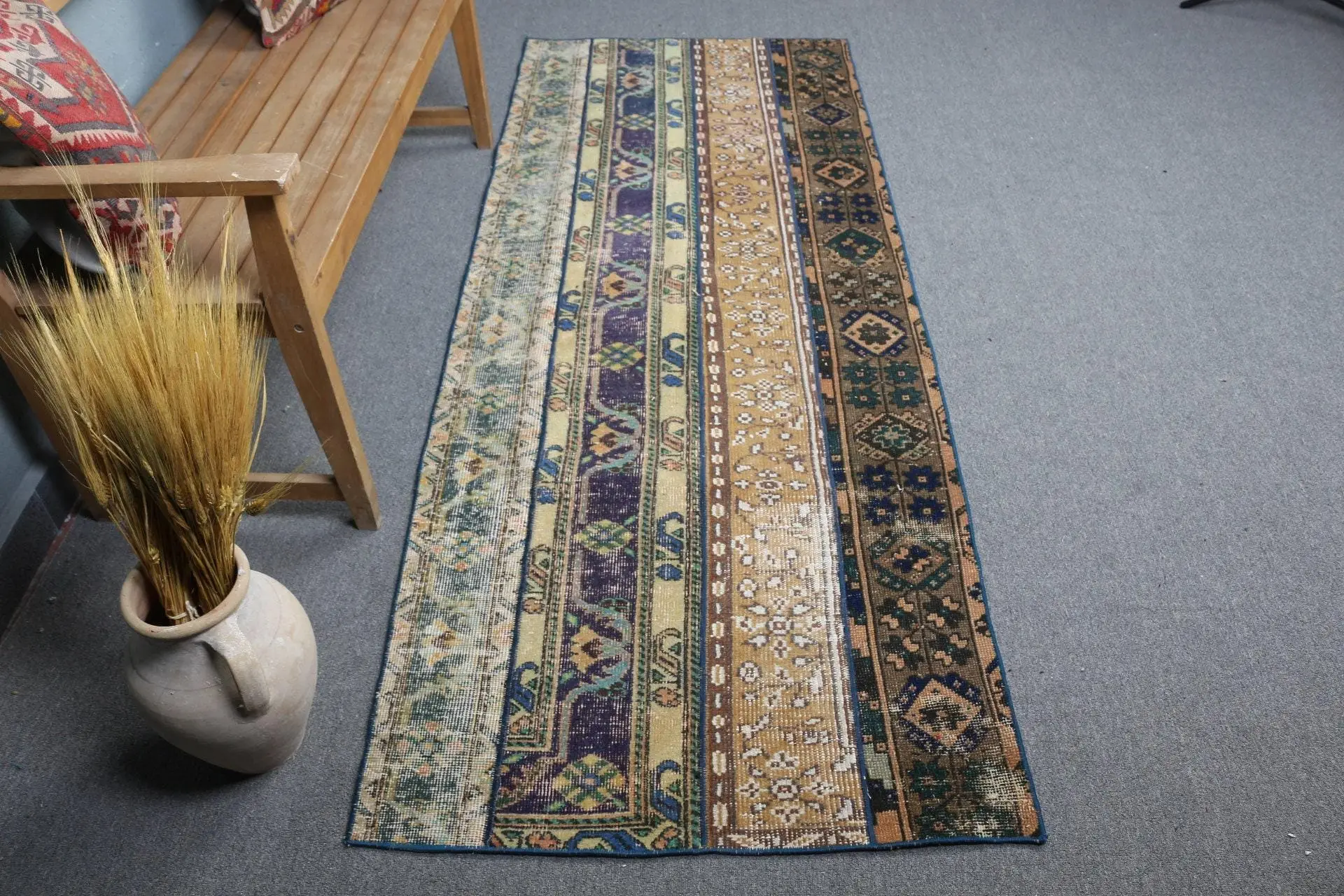 2.9x7.6 ft Runner Vintage Rug, Turkish Rug, Blue Brown Check Wool Rug - 1