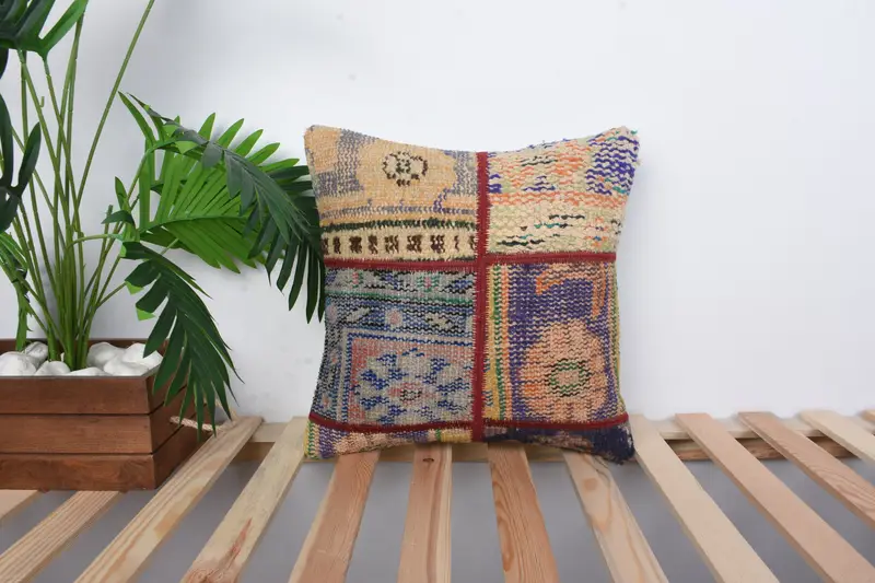 16x16 Blue Pillow Cover, Bed Cushion, Turkish Pillow, Pillow, Antique Pillows, Kilim Pillow, Accent Throw Pillow Case, Accent Pillow Case - 1