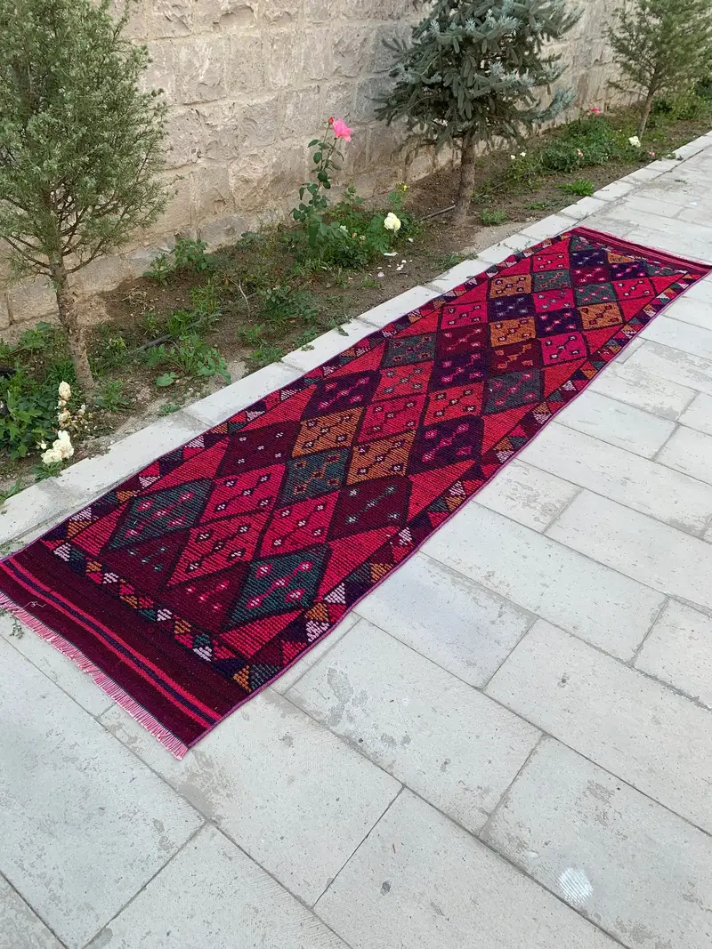 Türk Halısı, Yolluk 2.9x12.5 ft Vintage Halı, Kırmızı Mavi Yün Halı - 1