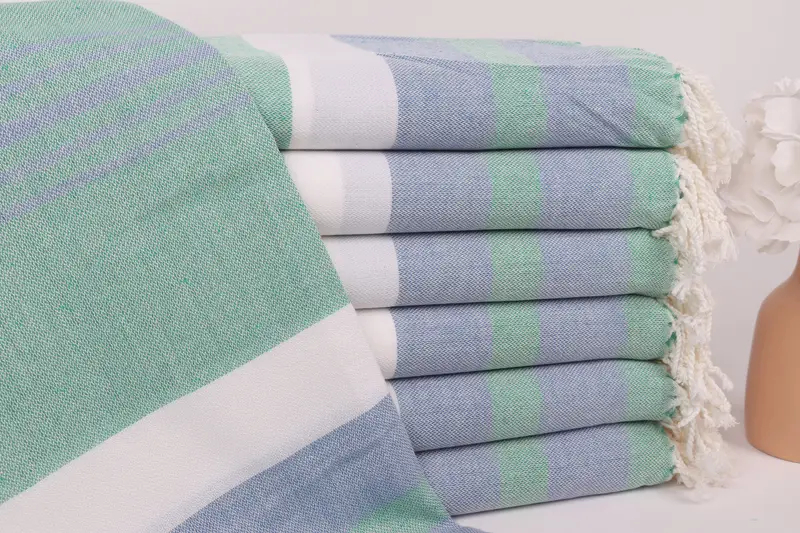 Kişiye Özel Türk Plaj Havlusu Yeşil-Sax Mavi Çizgili, 40x71 İnç