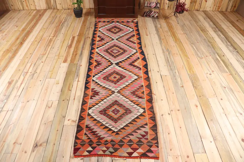 Kilim Turkish Rug, 3x10.5 ft Vintage Rug, Orange Check Wool Rug - 1