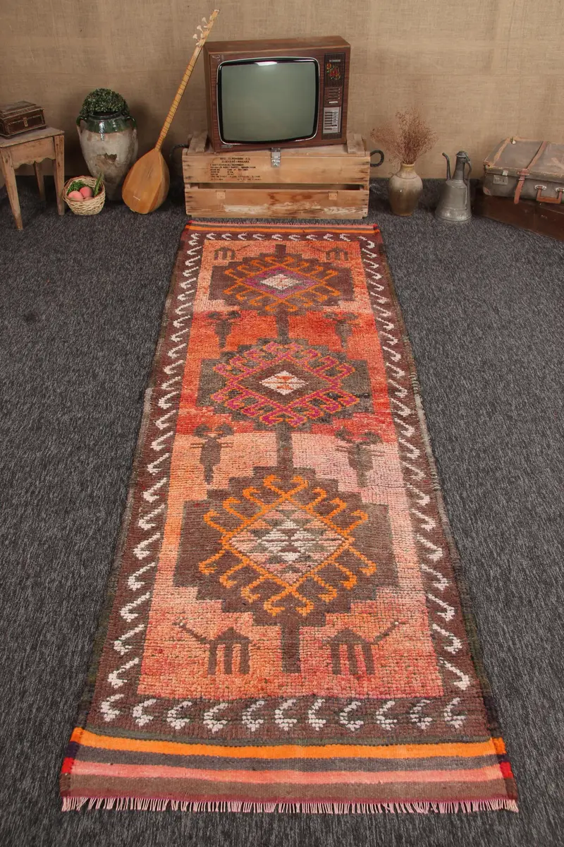 Turkish Rug, 3.3x10.2 ft Runner Rug, Orange Ikat Wool Vintage Rug - 1