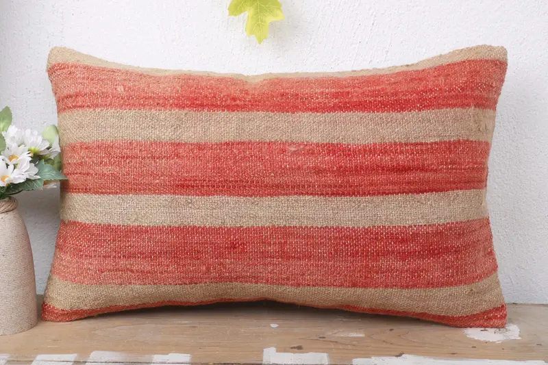 Oriental Pillow Sham, Tribal Cushion Cover, 12x20 Red Cushion, Vintage Pillow, Boho Pillow, Armchair Pillow, Pillow Sham, Ethnical Kilim Rug Pillow - 2