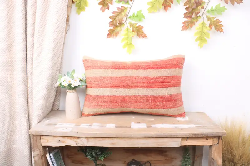 Oriental Pillow Sham, Tribal Cushion Cover, 12x20 Red Cushion, Vintage Pillow, Boho Pillow, Armchair Pillow, Pillow Sham, Ethnical Kilim Rug Pillow - 1