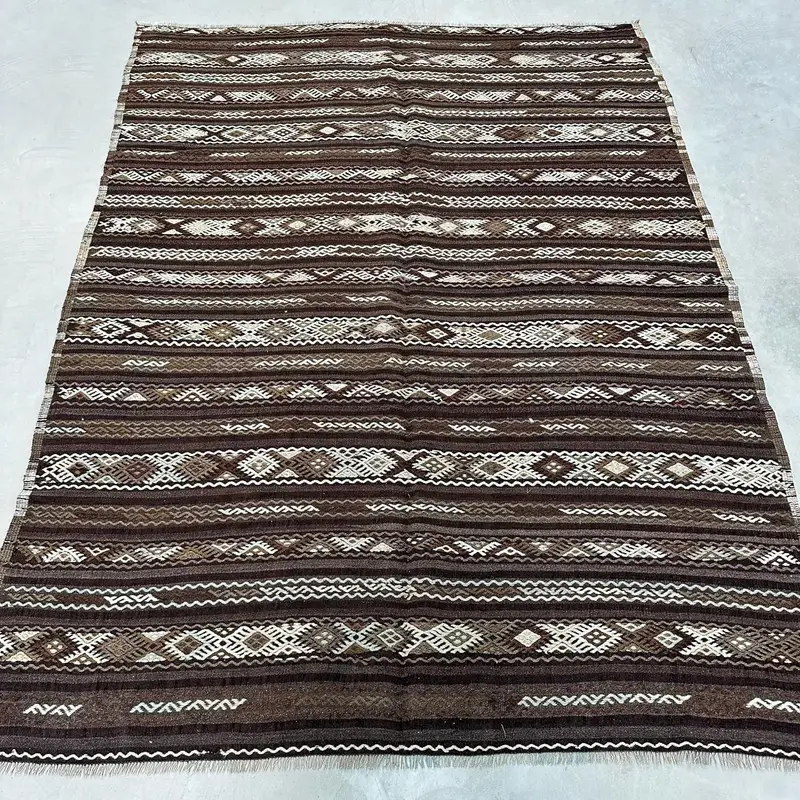 ブラウン & ベージュ ラグ、5.3x7.2 フィート ストライプ幾何学デザイン