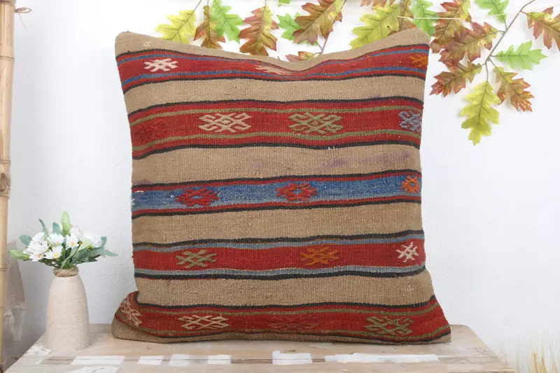 Turkish Pillow, Kilim Pillow Cover, Patio Pillow, Wool Kilim Pillow Pillow Cover, Pillow Sham, Kilim Cushion Sham, 24x24 Red Pillow Sham - 2