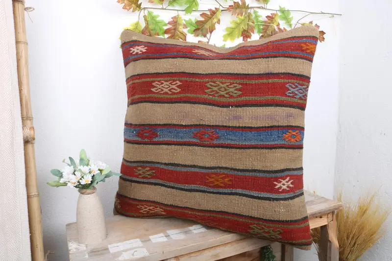 Turkish Pillow, Kilim Pillow Cover, Patio Pillow, Wool Kilim Pillow Pillow Cover, Pillow Sham, Kilim Cushion Sham, 24x24 Red Pillow Sham - 4