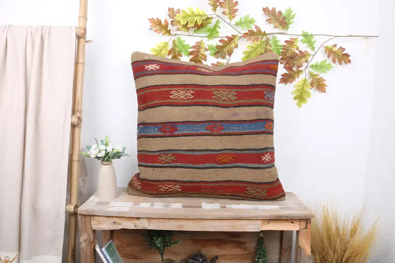 Turkish Pillow, Kilim Pillow Cover, Patio Pillow, Wool Kilim Pillow Pillow Cover, Pillow Sham, Kilim Cushion Sham, 24x24 Red Pillow Sham - 1