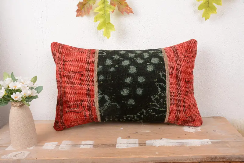 Red & Black Patchwork Throw Pillow, 12x20 Handmade Linen Pillow