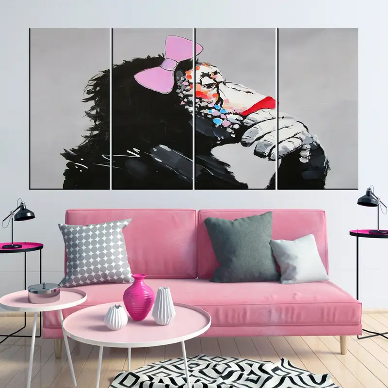 Banksy Monkey, Gorilla Chimp Canvas Wall Art, Banksy Thinking Monkey, Ribbon Monkey Wall Art,Thinker Graffiti Mural, Street Graffiti Art - 3