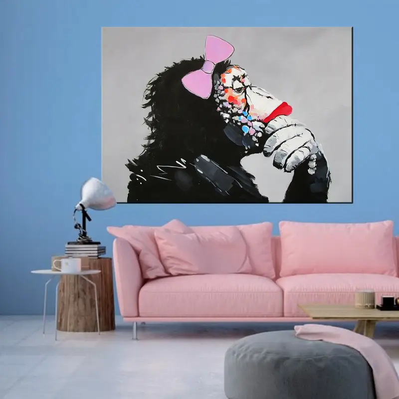 Banksy Monkey, Gorilla Chimp Canvas Wall Art, Banksy Thinking Monkey, Ribbon Monkey Wall Art,Thinker Graffiti Mural, Street Graffiti Art - 4