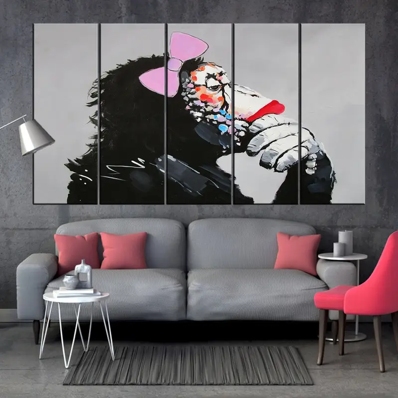 Banksy Monkey, Gorilla Chimp Canvas Wall Art, Banksy Thinking Monkey, Ribbon Monkey Wall Art,Thinker Graffiti Mural, Street Graffiti Art - 2