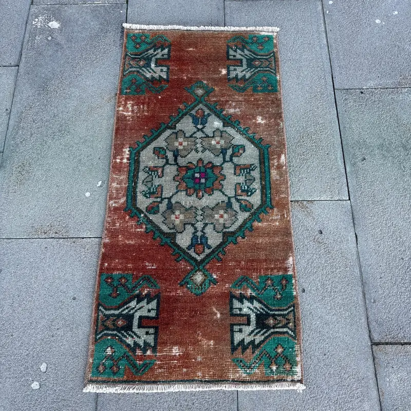 Mor İkat Halı, Yeşil Desenli 1,5x3,2 ft