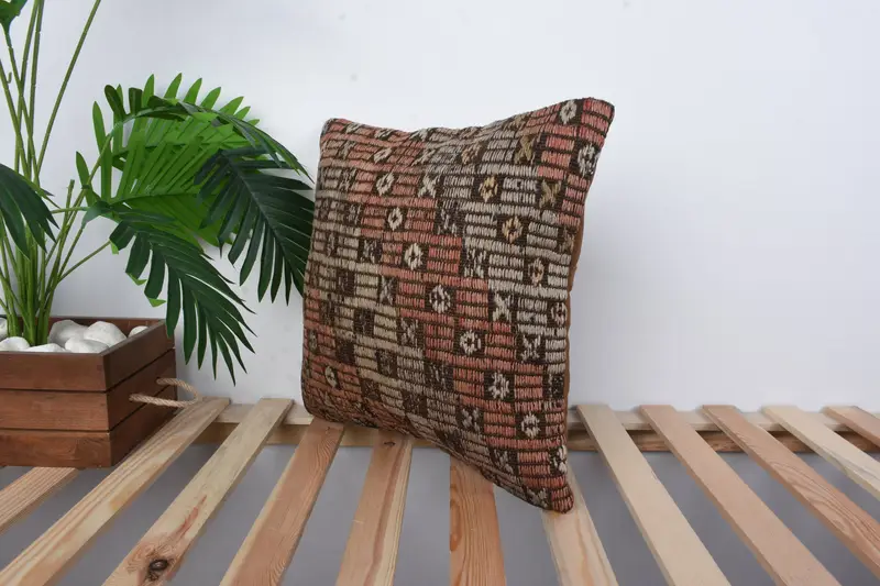 Ethnical Kilim Rug Pillow, Boho Pillow Sham Cover, Cushion Case, Turkish Pillow, 16x16 Red Cushion Cover, Boho Chic Pillow Sham - 5