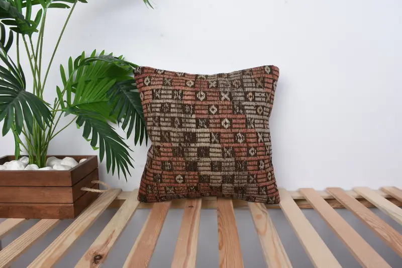Ethnical Kilim Rug Pillow, Boho Pillow Sham Cover, Cushion Case, Turkish Pillow, 16x16 Red Cushion Cover, Boho Chic Pillow Sham - 1