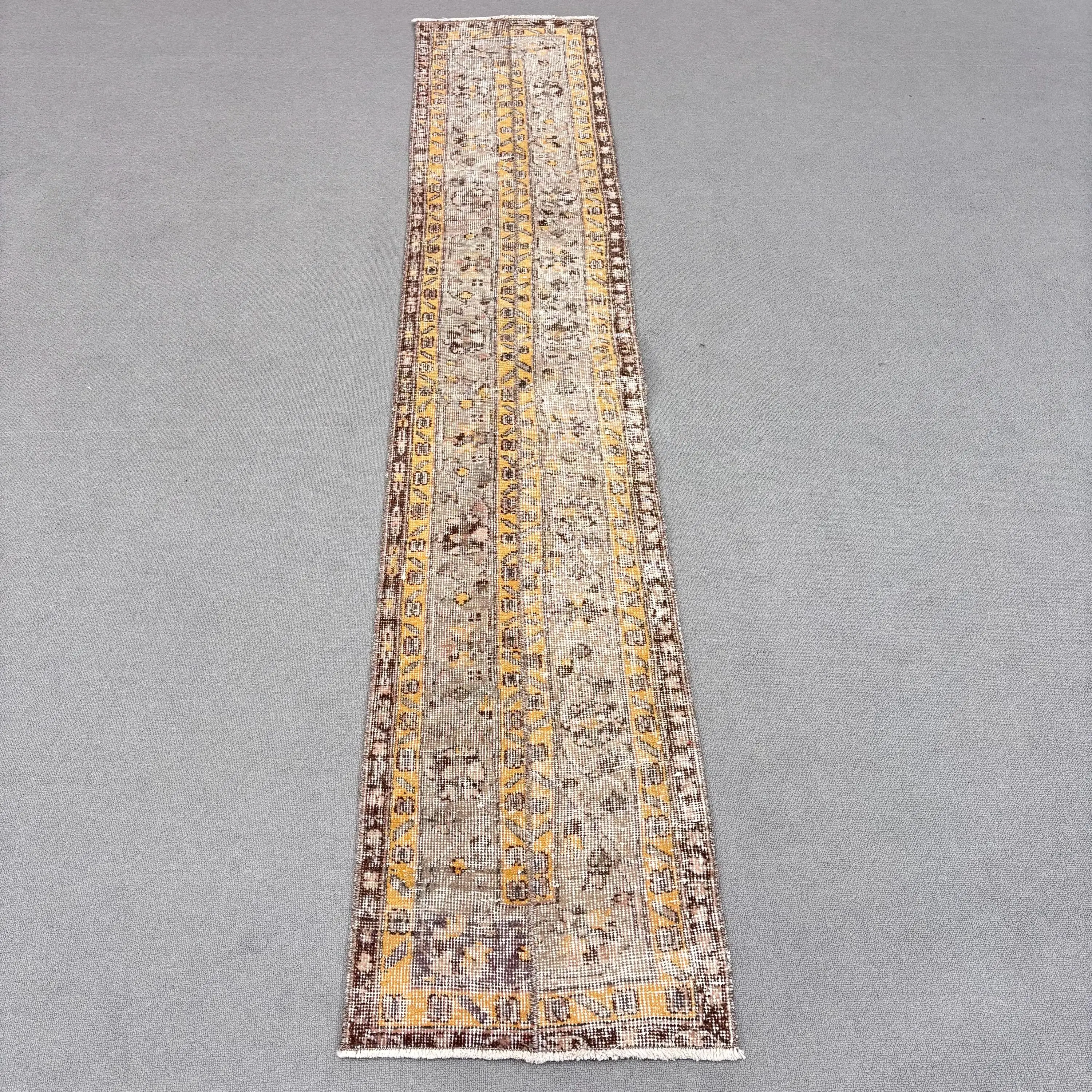 1.5x8.4 ft Rug, Turkish Vintage Rug, Brown Wool Rug - 1