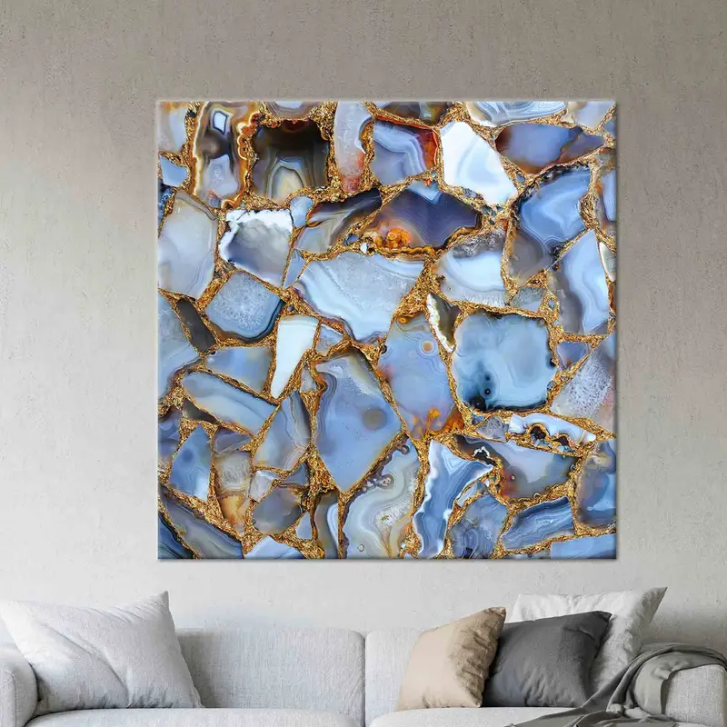 高級大理石プリントキャンバス: エレガントなブルー&ゴールドのきらめくアート