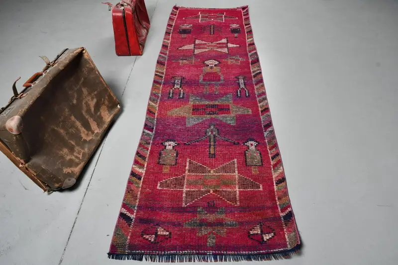 Türkischer Vintage Teppich, 2,8x9,2 ft Läuferteppich, rot blau gestreifter Teppich - 1