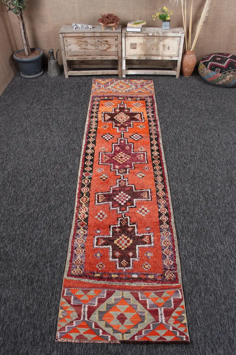 Vintage Türk Herki Halısı 2.6x11 ft (80x335 cm), Turuncu Kamuflaj Yün Halı - 1