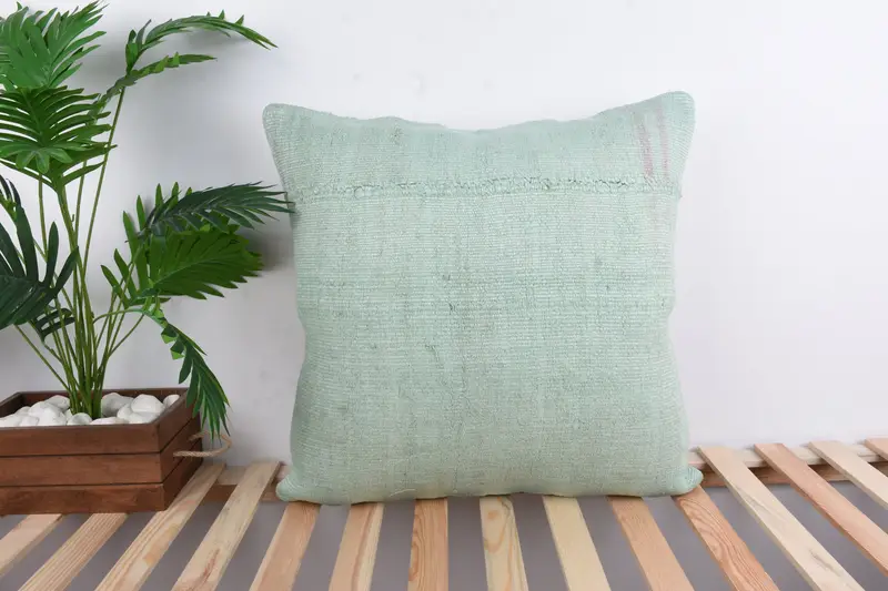 Cushion, Vintage Pillow, Boho Pillow Sham Cover, 24x24 Green Pillow Case, Farmhouse Cushion Cover, Turkish Kilim Pillow - 1