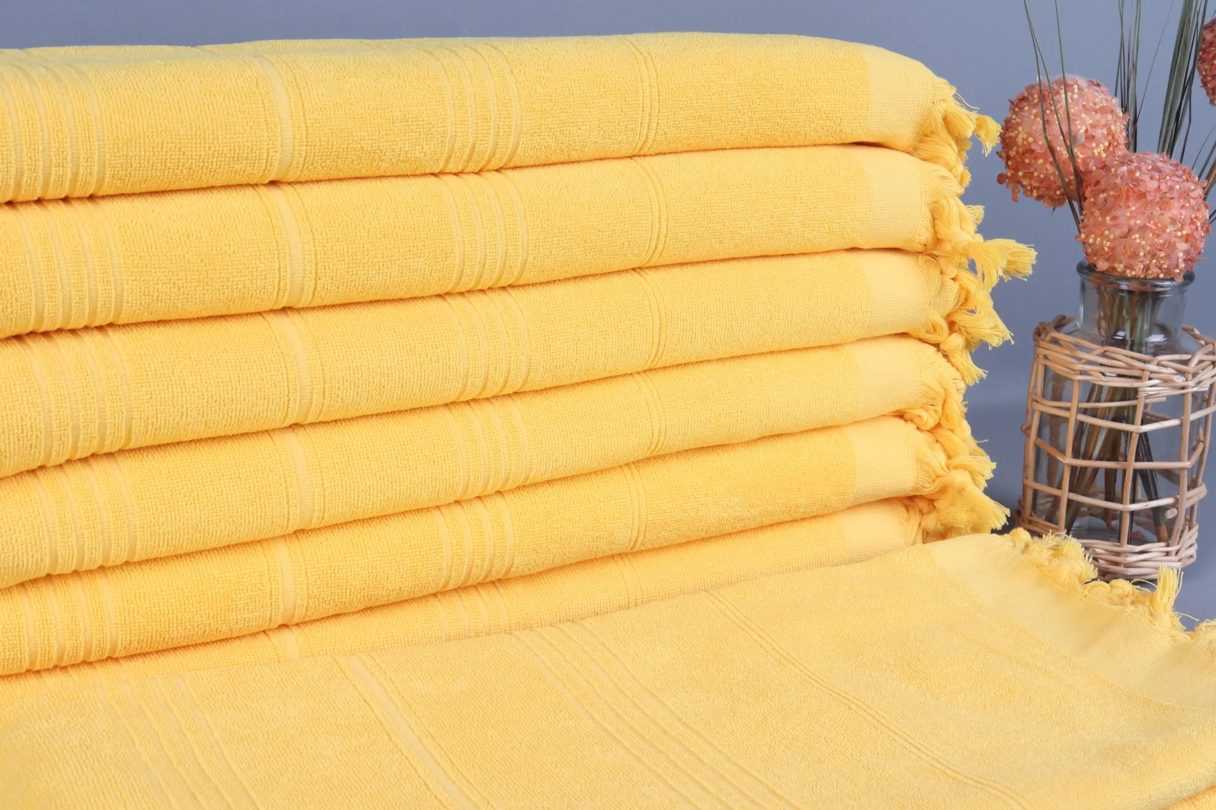Turkish Beach Towel Dark Yellow Striped Terry Peshtemal, 36x71 Inches - 1