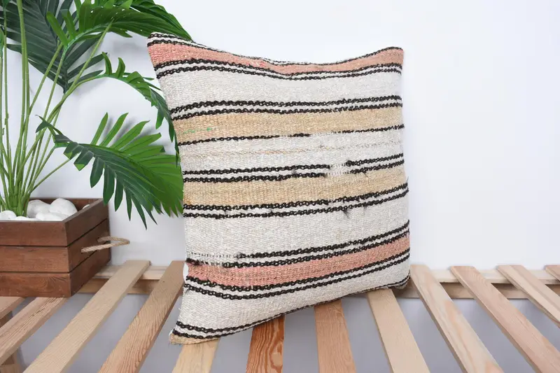 Kilim Rug Cushion Case, Living Room Throw Cushion Case, Vintage Pillow, Pillow Sham, Kilim Pillow, 18x18 Beige Pillow Cover, Turkish Pillow - 4