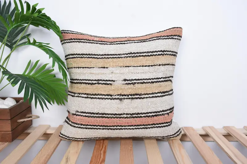 Kilim Rug Cushion Case, Living Room Throw Cushion Case, Vintage Pillow, Pillow Sham, Kilim Pillow, 18x18 Beige Pillow Cover, Turkish Pillow - 1