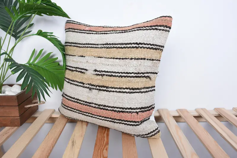Kilim Rug Cushion Case, Living Room Throw Cushion Case, Vintage Pillow, Pillow Sham, Kilim Pillow, 18x18 Beige Pillow Cover, Turkish Pillow - 5