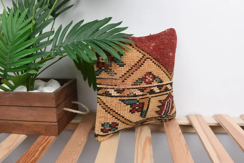 Turkish Kilim Pillow, Pillow for Sofa, Ethnic Throw Cushion Cover, Cushion, Boho Pillow Sham Cover, Natural Cushion Cover, 12x12 Red Cushion - 4