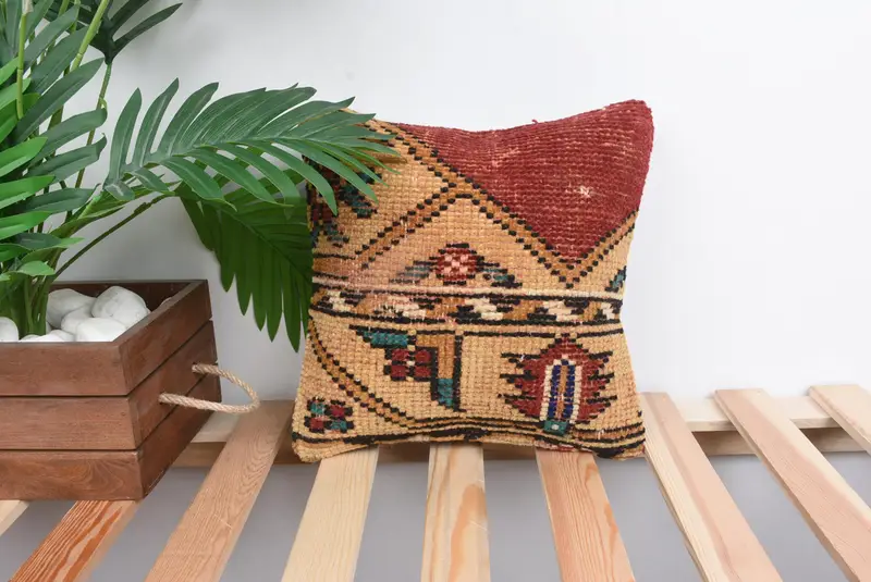 Turkish Kilim Pillow, Pillow for Sofa, Ethnic Throw Cushion Cover, Cushion, Boho Pillow Sham Cover, Natural Cushion Cover, 12x12 Red Cushion - 1