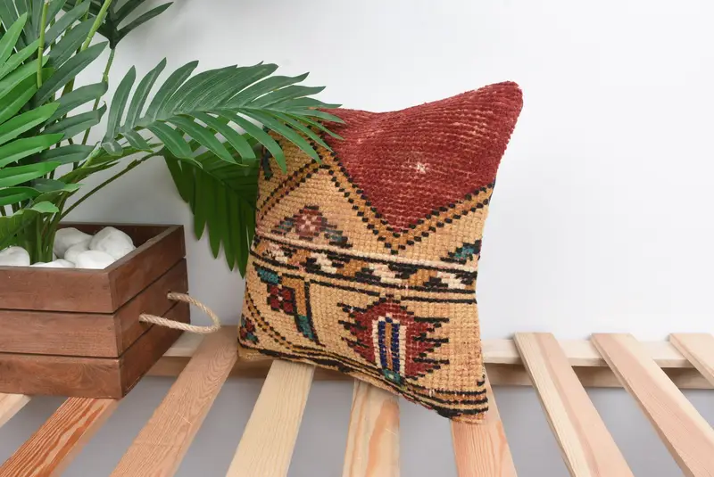 Turkish Kilim Pillow, Pillow for Sofa, Ethnic Throw Cushion Cover, Cushion, Boho Pillow Sham Cover, Natural Cushion Cover, 12x12 Red Cushion - 5