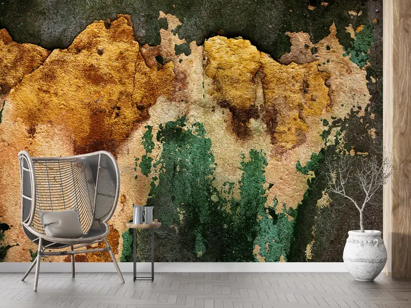 Zarif Rustik Loft Duvar Kağıdı: Baskılı Yeşil ve Kahverengi Çiftlik Evi Tasarımı