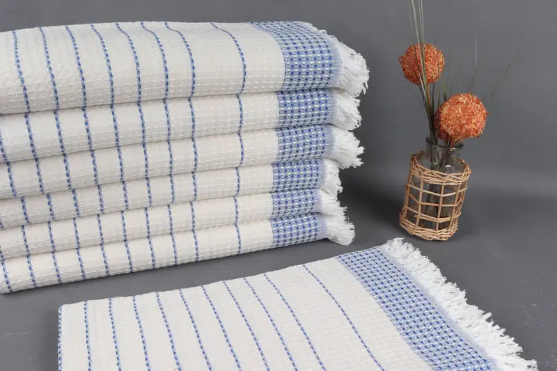 Badetuch aus Bio-Baumwolle, Saxblau, gestreift, Peshtemal, 40 x 71 Zoll